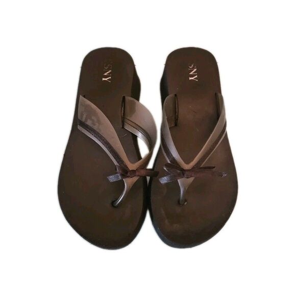 Y2K ESNY Black Wedge Flip Flops Plastic Straps Satin Bow Women's Size 9.5 Sandal - Picture 1 of 10